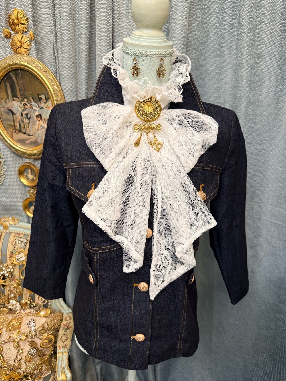 Women's Dark Blue Denim Jacket with RC earrings